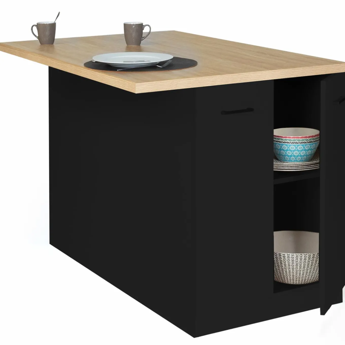 IDMarket Îlot de cuisine noir et plateau façon hêtre 120 cm* Meubles Noirs|Collection Design