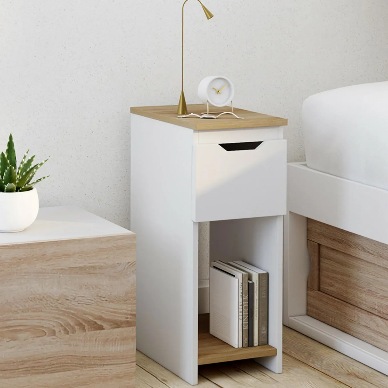 IDMarket Lot de tables de chevet blanc et bois* Meubles Bas|Meubles Blancs