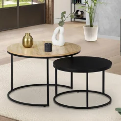IDMarket Lots de 2 tables basses rondes gigognes noir et bois industrielles* Tables Basses|Salon Complet