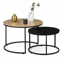 IDMarket Lots de 2 tables basses rondes gigognes noir et bois industrielles* Tables Basses|Salon Complet