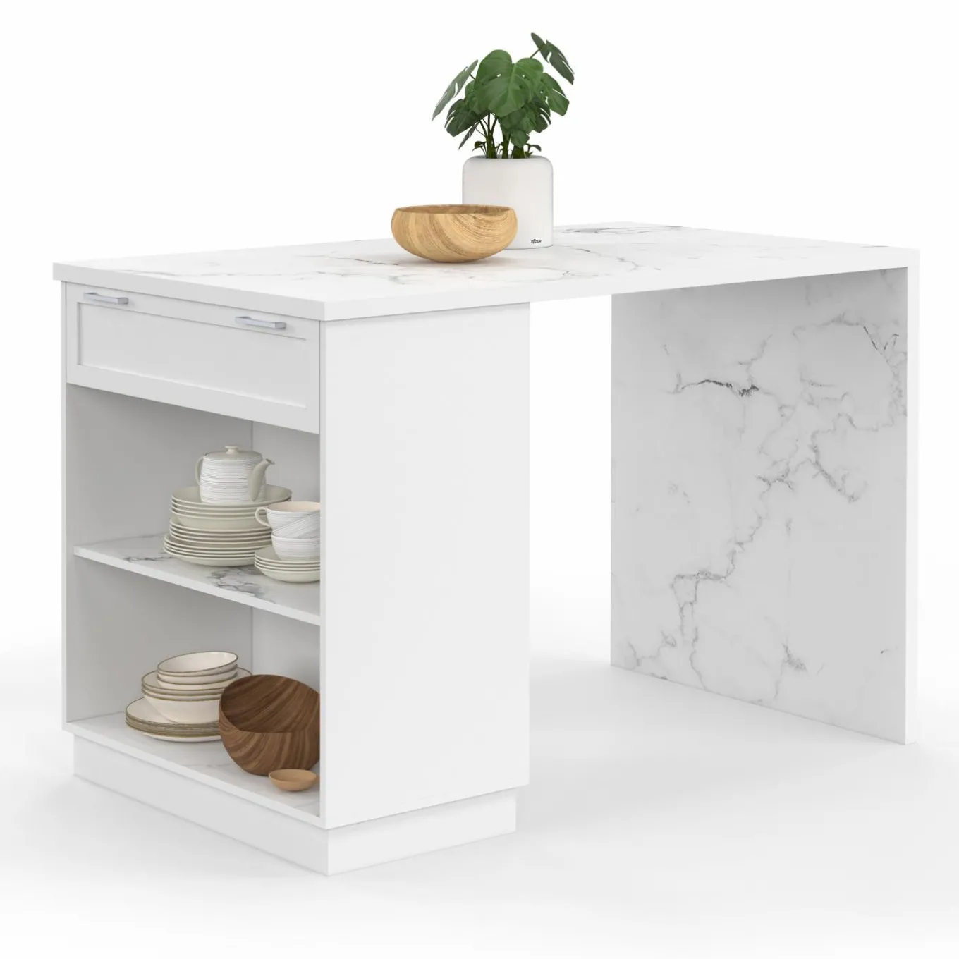 IDMarket Mange-debout 4 personnes ilot central blanc et plateau marbre 130 cm* Collection Design|Ilot Central