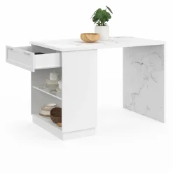 IDMarket Mange-debout 4 personnes ilot central blanc et plateau marbre 130 cm* Collection Design|Ilot Central