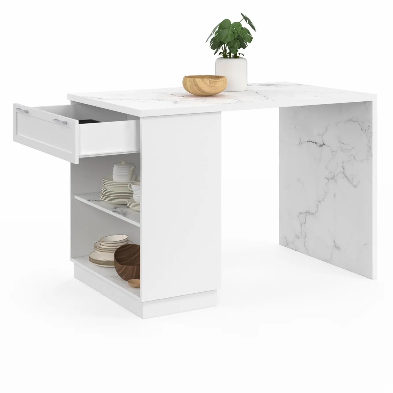 IDMarket Mange-debout 4 personnes ilot central blanc et plateau marbre 130 cm* Collection Design|Ilot Central