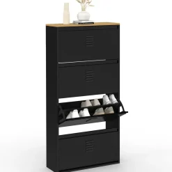 IDMarket Meuble à chaussures 24 paires 4 portes métal noir et plateau bois design industriel* Rangement Et Accessoires|Collection Métal