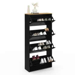 IDMarket Meuble à chaussures 24 paires 4 portes métal noir et plateau bois design industriel* Rangement Et Accessoires|Collection Métal