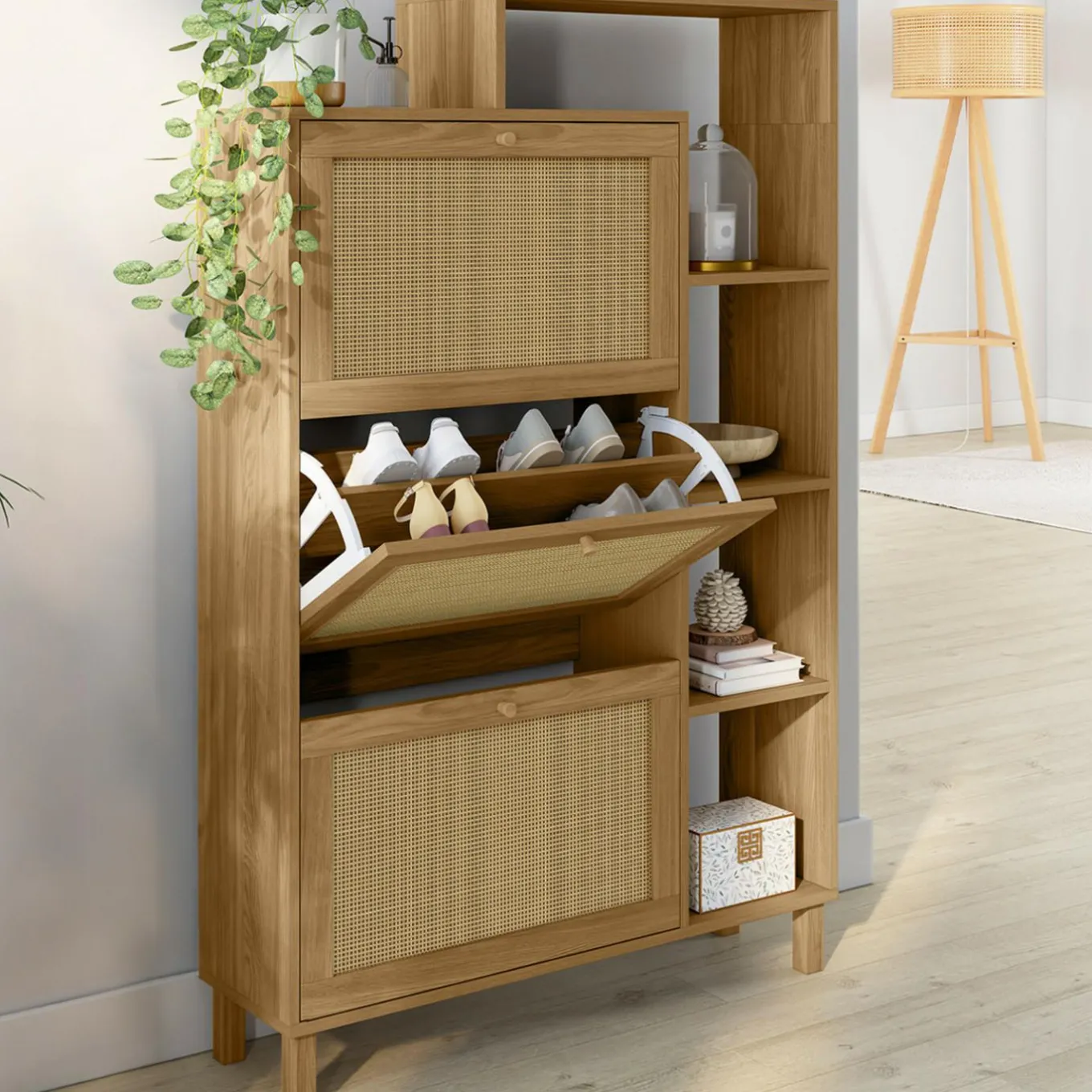 IDMarket Meuble à chaussures 18 paires 3 portes effet naturel cannage avec étagère* Collection Cannage|Petits Meubles