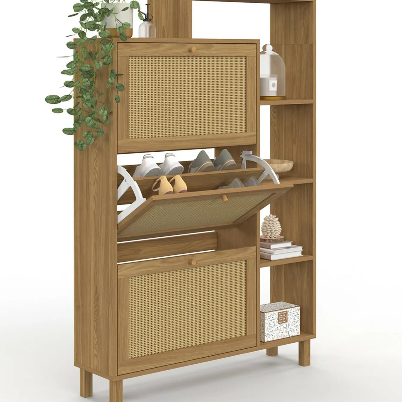 IDMarket Meuble à chaussures 18 paires 3 portes effet naturel cannage avec étagère* Collection Cannage|Petits Meubles