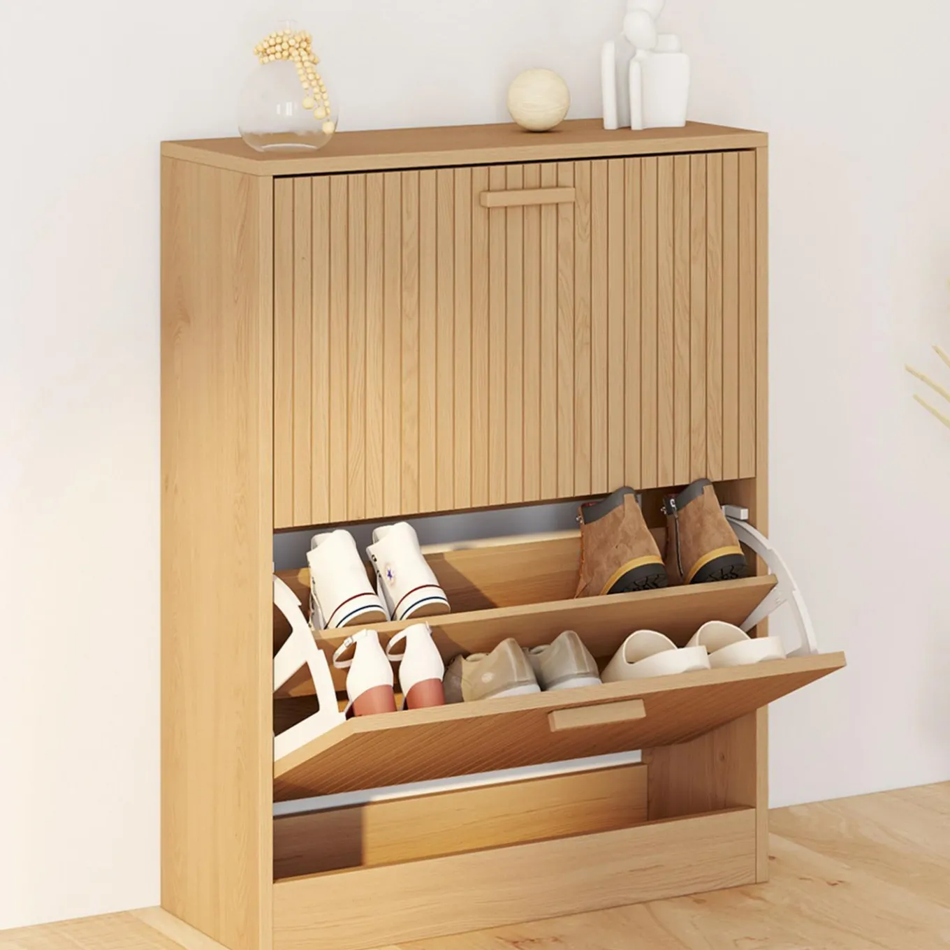 IDMarket Meuble à chaussures 12 paires 2 portes lattes bois coloris chêne* Collection Contemporaine|Meubles À Chaussures