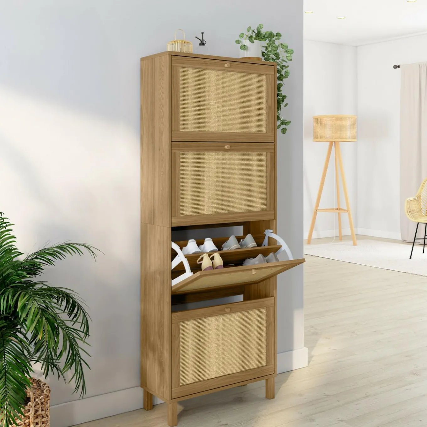 IDMarket Meuble à chaussures 24 paires vintage 4 portes effet naturel cannage* Collection Cannage|Collection Vintage