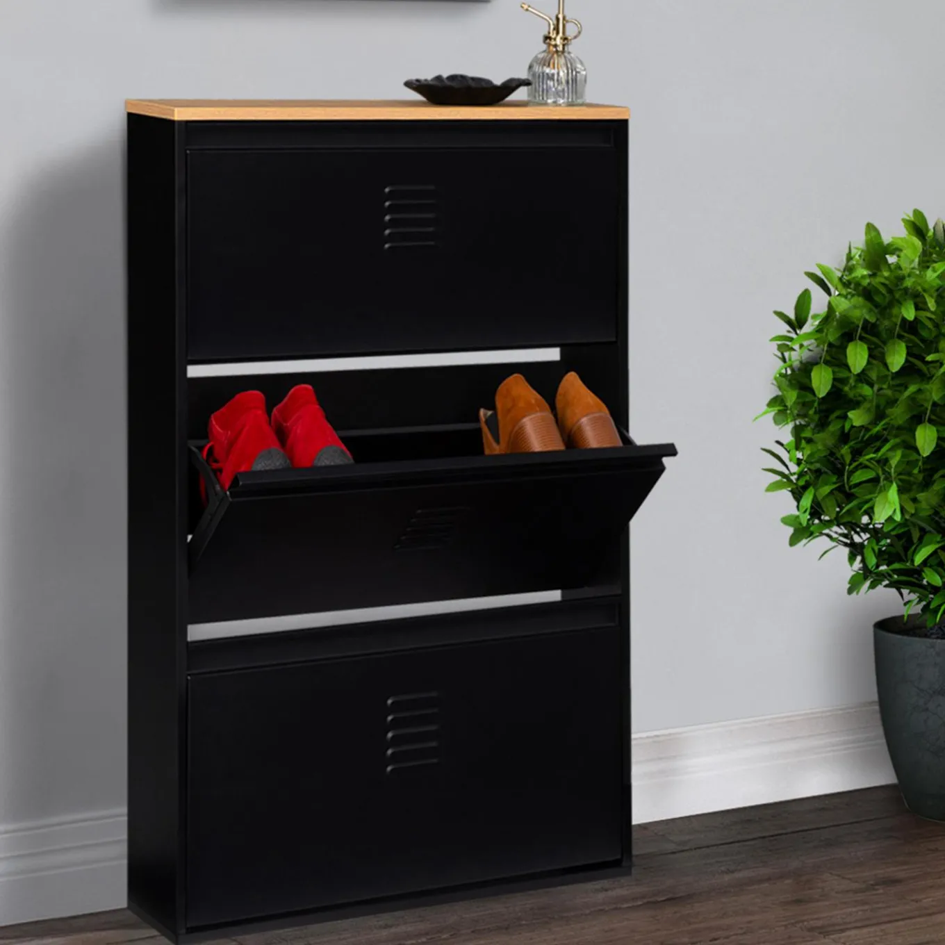 IDMarket Meuble à chaussures 3 portes noir et métal* Rangement Et Accessoires|Collection Métal