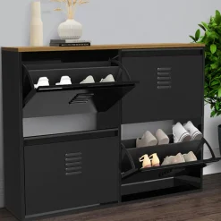 IDMarket Meuble à chaussures industriel 20 paires 4 portes métalliques plateau bois* Rangement Et Accessoires|Collection Métal