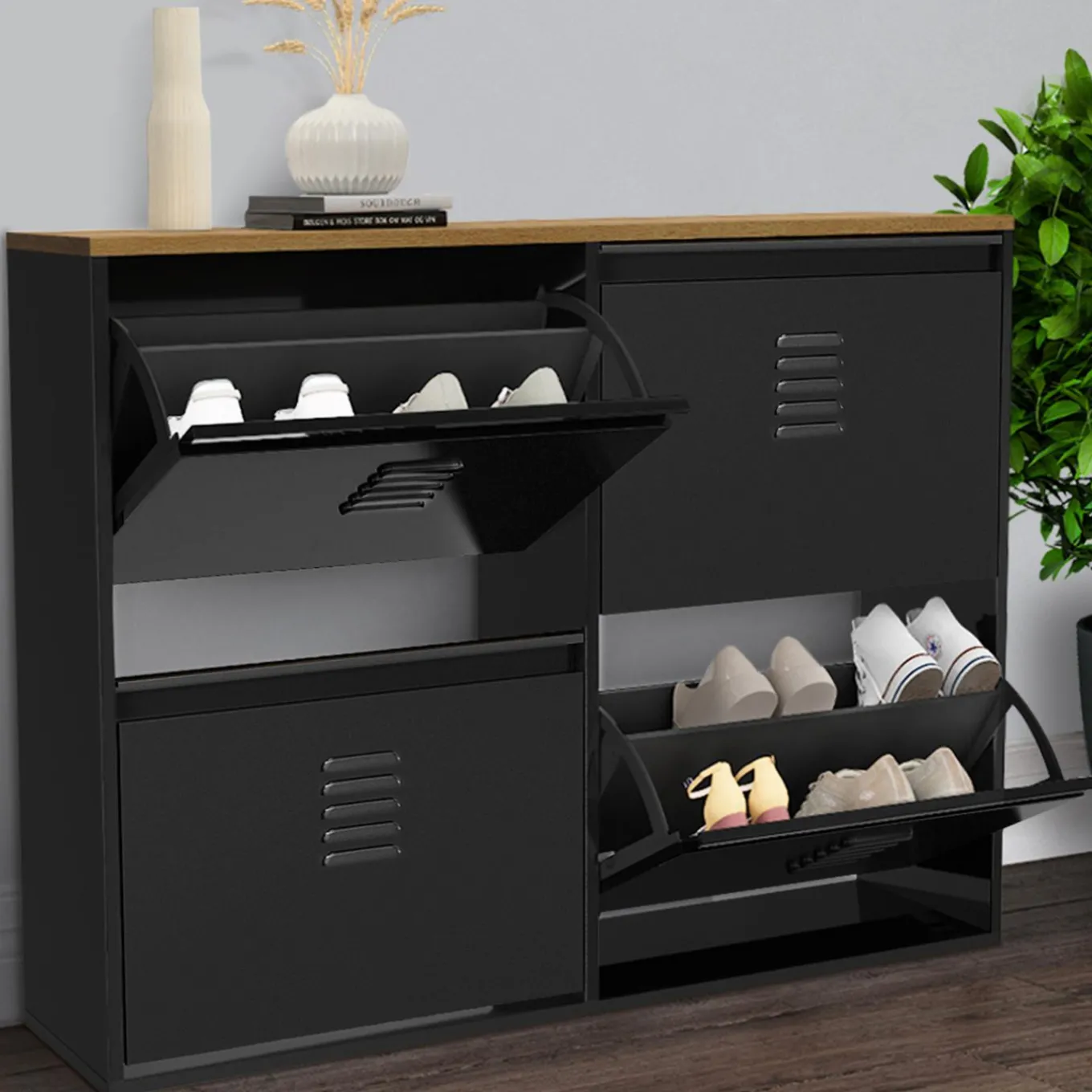 IDMarket Meuble à chaussures industriel 20 paires 4 portes métalliques plateau bois* Rangement Et Accessoires|Collection Métal