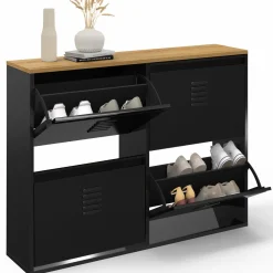 IDMarket Meuble à chaussures industriel 20 paires 4 portes métalliques plateau bois* Rangement Et Accessoires|Collection Métal
