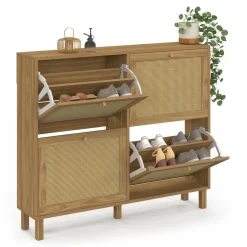 IDMarket Meuble à chaussures vintage effet naturel cannage 20 paires 4 portes* Collection Vintage|Collection Cannage