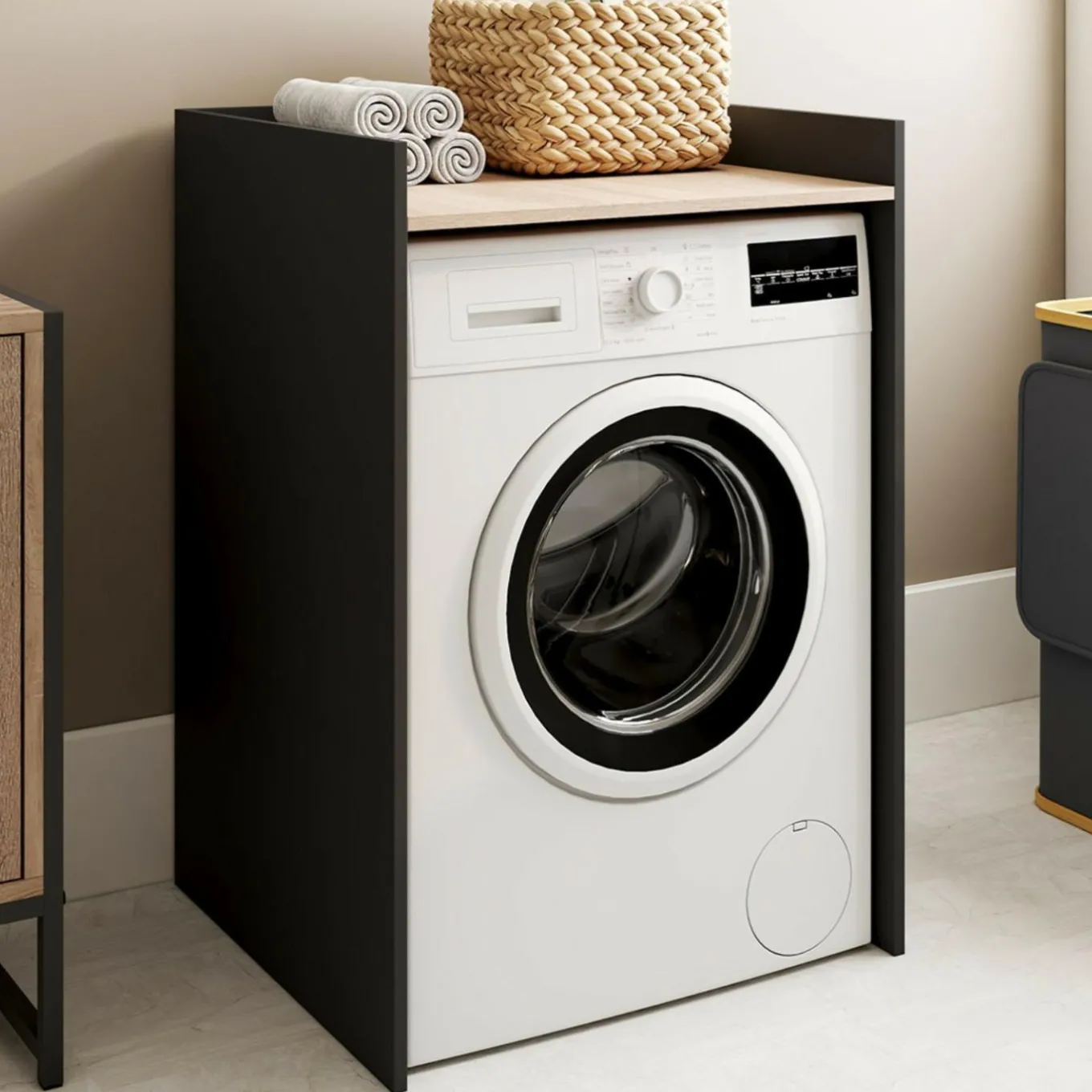 IDMarket Meuble armoire pour machine à laver noir et bois façon hêtre* Rangement Et Accessoires|Collection Contemporaine