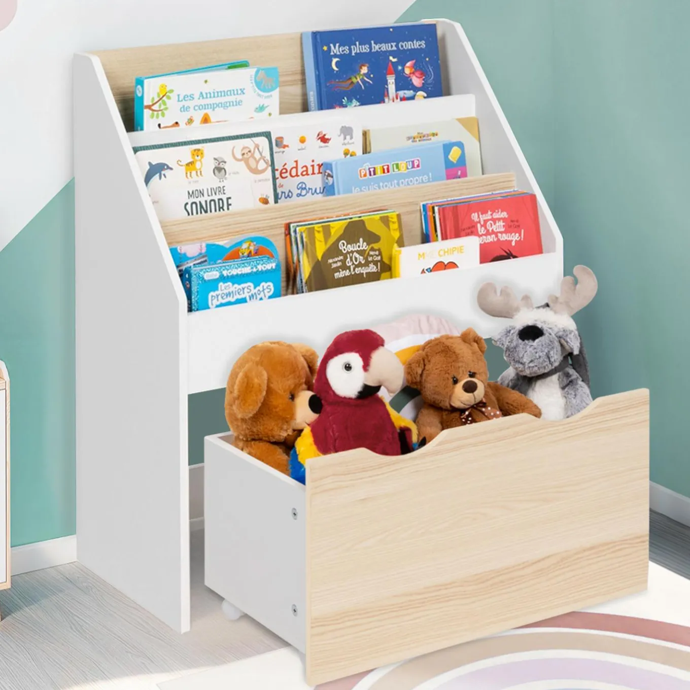 IDMarket Meuble bibliothèque pour enfant blanc et hêtre avec 3 étagères et 1 bac*Enfant Meubles Rangement Jouet|Meubles Enfant