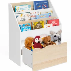 IDMarket Meuble bibliothèque pour enfant blanc et hêtre avec 3 étagères et 1 bac*Enfant Meubles Rangement Jouet|Meubles Enfant