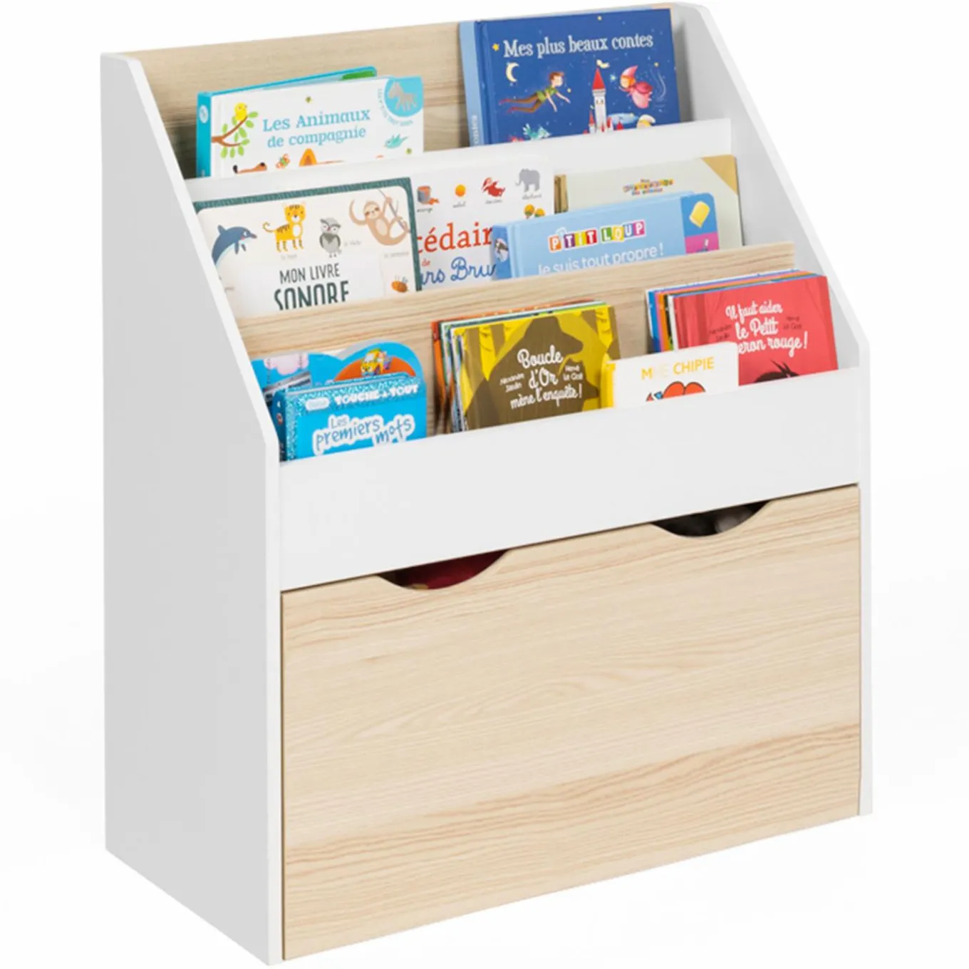 IDMarket Meuble bibliothèque pour enfant blanc et hêtre avec 3 étagères et 1 bac*Enfant Meubles Rangement Jouet|Meubles Enfant