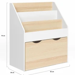 IDMarket Meuble bibliothèque pour enfant blanc et hêtre avec 3 étagères et 1 bac*Enfant Meubles Rangement Jouet|Meubles Enfant