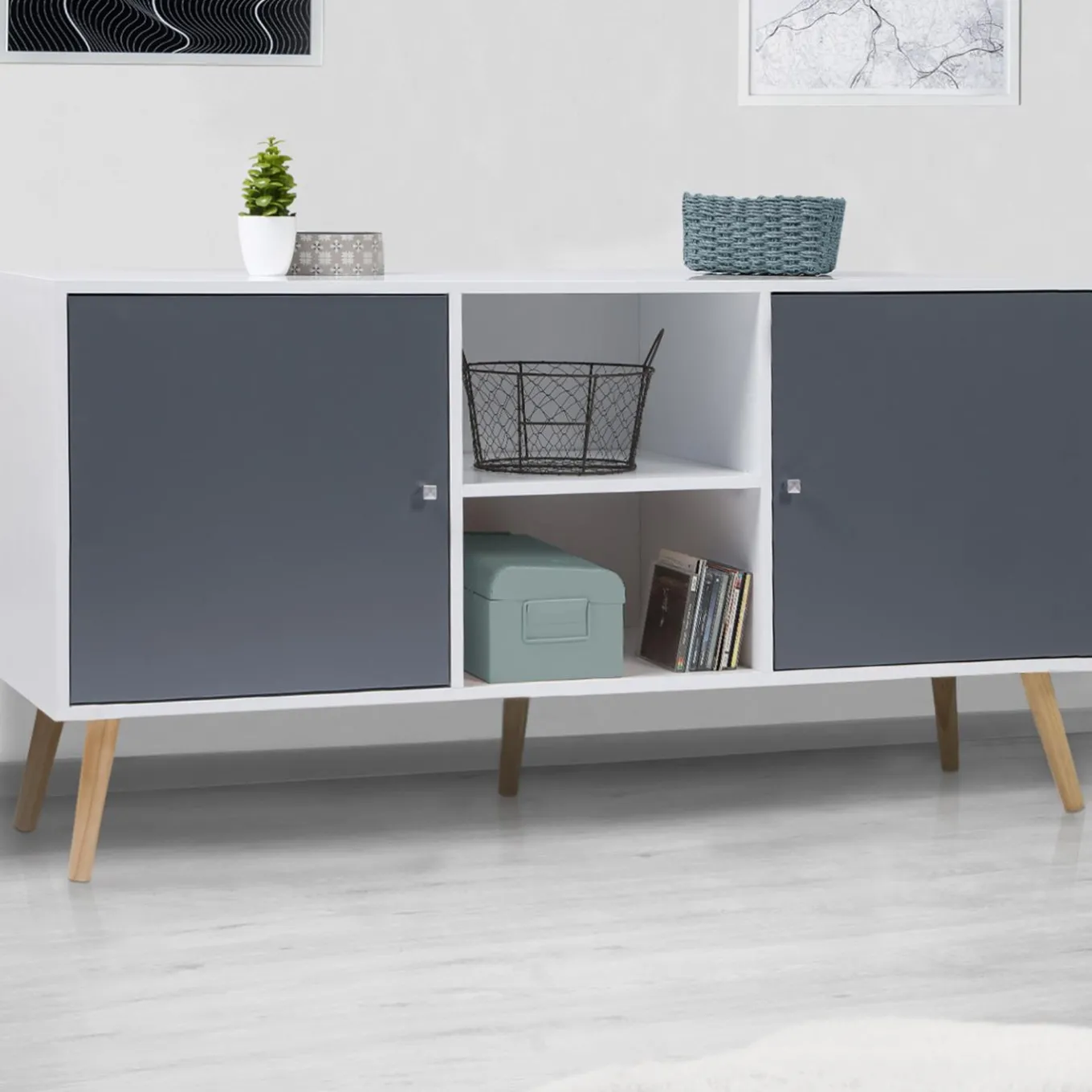 IDMarket Meuble buffet scandinave blanc et gris 2 portes* Collection Scandinave|Salle À Manger Complète