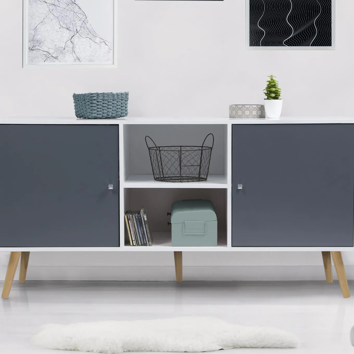 IDMarket Meuble buffet scandinave blanc et gris 2 portes* Collection Scandinave|Salle À Manger Complète