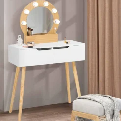 IDMarket Meuble coiffeuse blanche style scandinave avec miroir LED et tiroirs* Meubles Tiroirs|Meubles Blancs