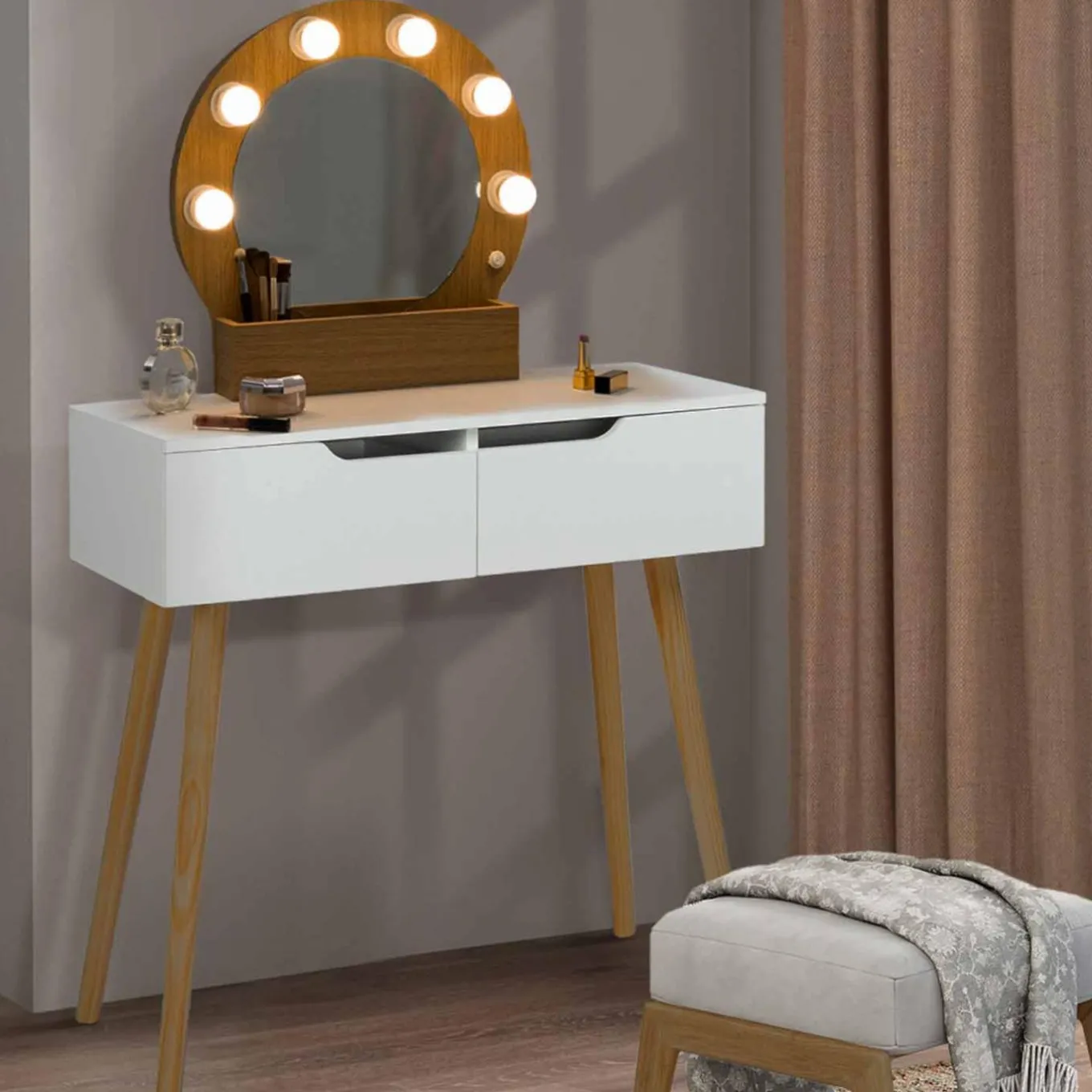 IDMarket Meuble coiffeuse blanche style scandinave avec miroir LED et tiroirs* Meubles Tiroirs|Meubles Blancs