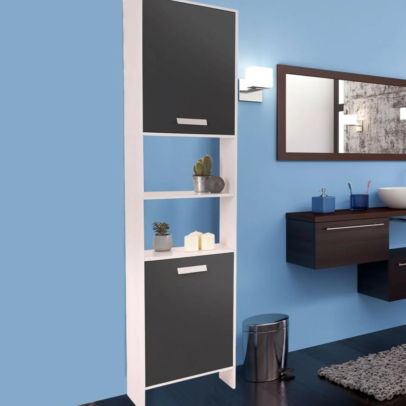 IDMarket Meuble colonne salle de bain blanc et gris* Meubles Salle De Bain