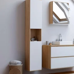 IDMarket Meuble colonne salle de bain suspendu 2 portes 1 niche façon hêtre et blanc* Meubles Salle De Bain|Collection Moderne