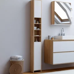 IDMarket Meuble colonne salle de bain 2 portes 4 niches façon hêtre et blanc* Collection Contemporaine|Meubles Salle De Bain