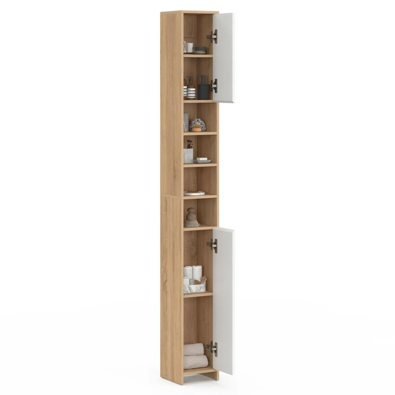 IDMarket Meuble colonne salle de bain 2 portes 4 niches façon hêtre et blanc* Collection Contemporaine|Meubles Salle De Bain
