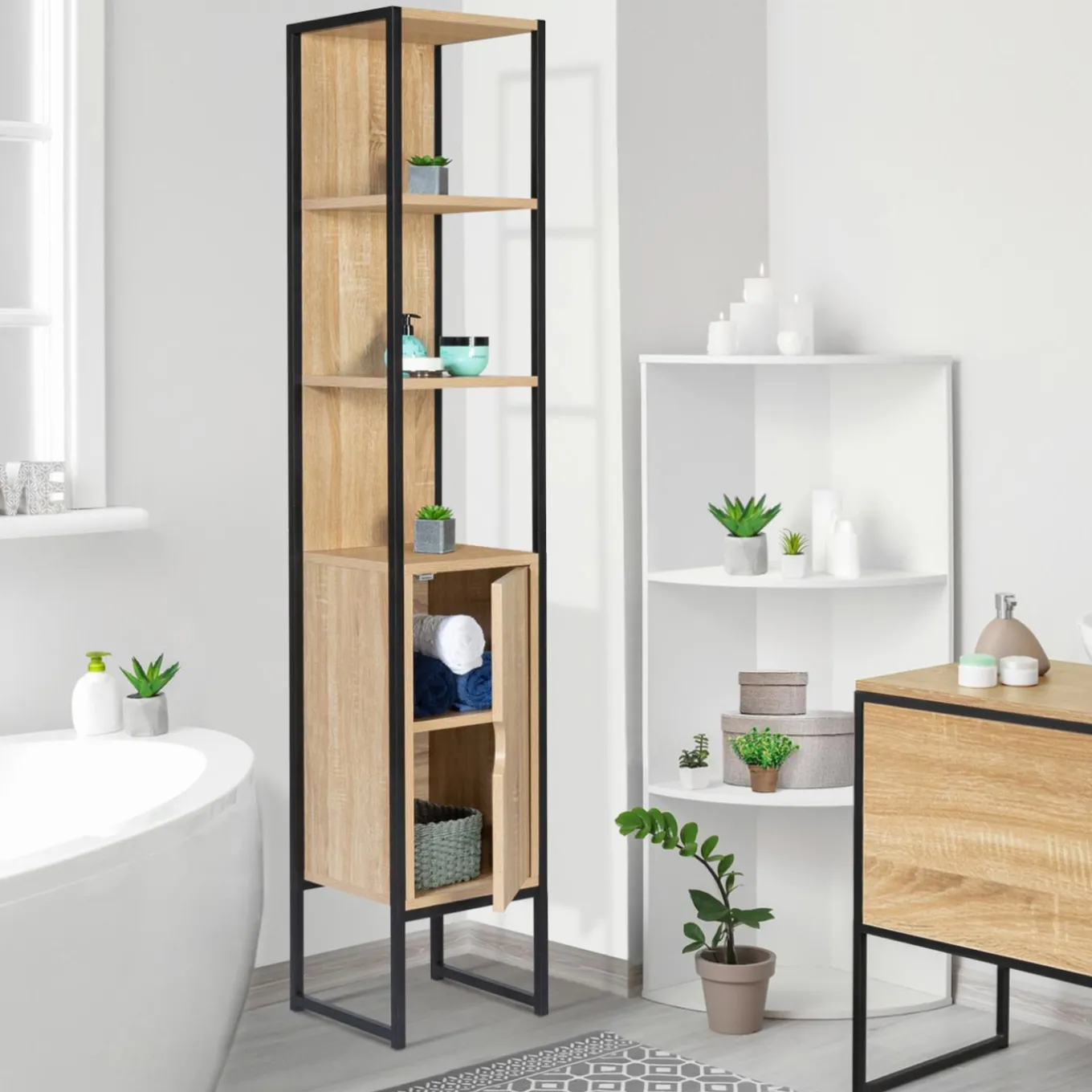 IDMarket Meuble colonne salle de bain style industriel 1 porte* Collection Industrielle|Meubles Salle De Bain