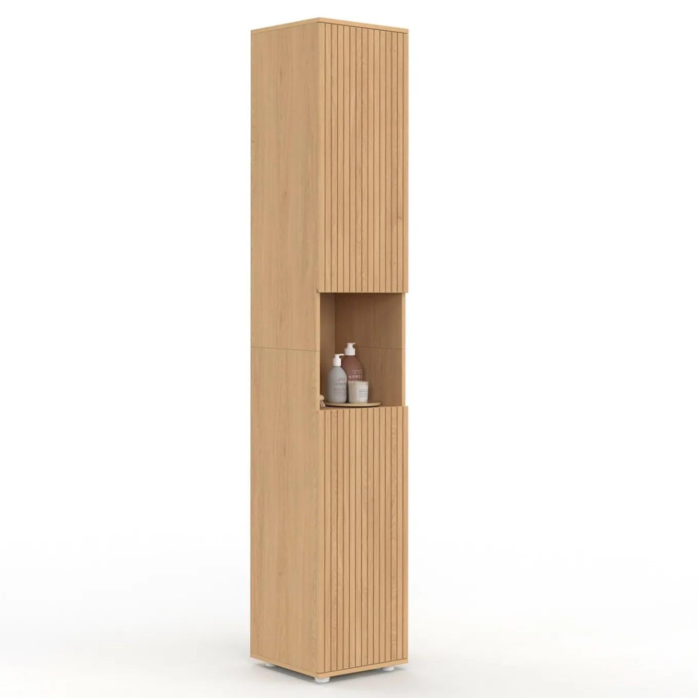 IDMarket Meuble colonne salle de bain 2 portes 1 niche effet lattes* Collection Contemporaine|Meubles Salle De Bain