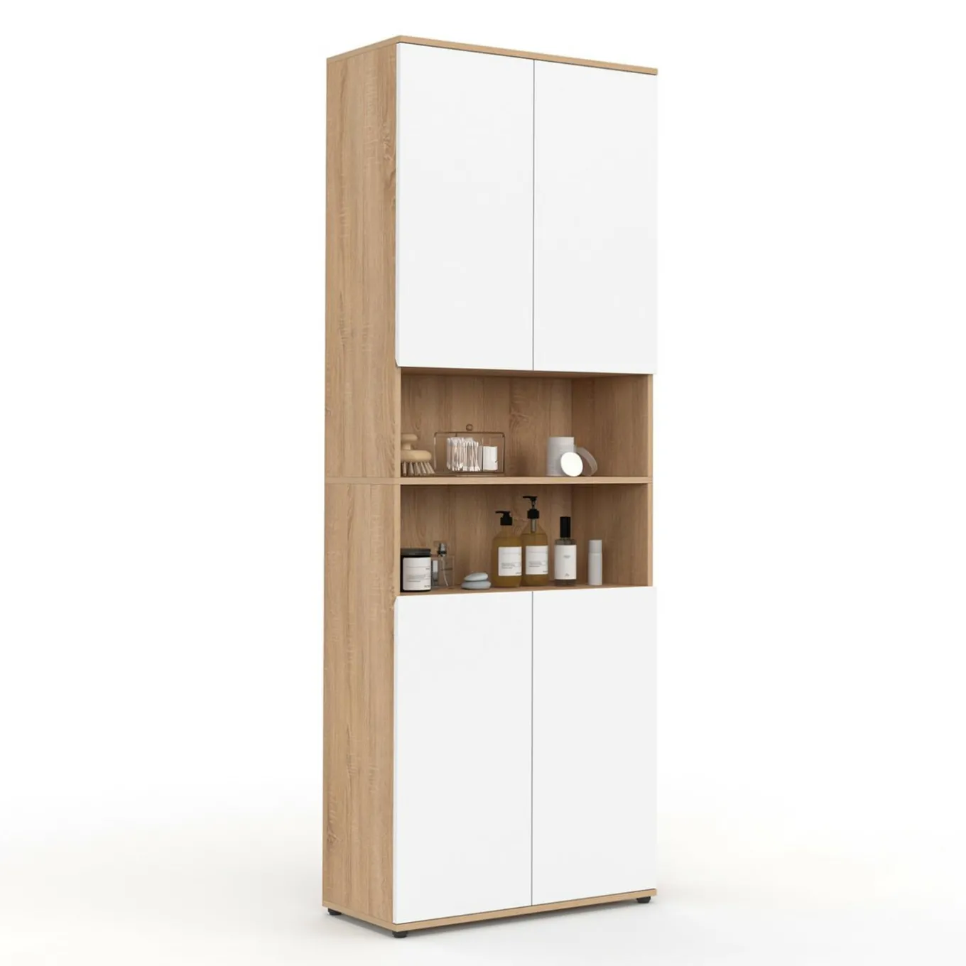 IDMarket Meuble colonne salle de bain 4 portes 2 niches façon hêtre et blanc* Meubles Salle De Bain