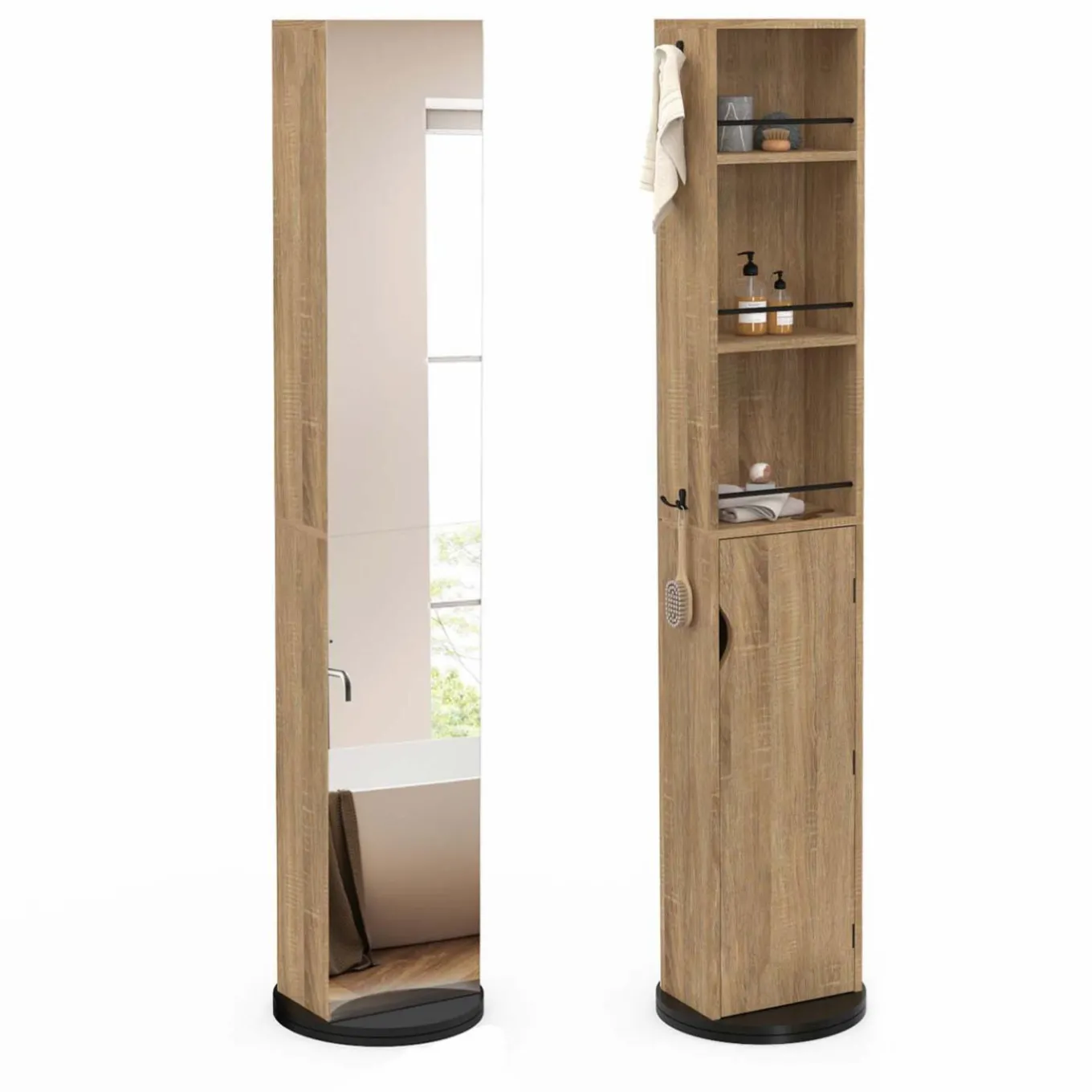 IDMarket Meuble colonne salle de bain pivotant hêtre et noir* Collection Contemporaine|Meubles Salle De Bain