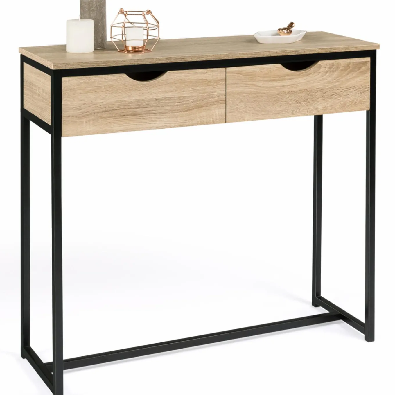 IDMarket Meuble console industrielle 2 tiroirs bois et métal 90 cm* Meubles Tiroirs|Collection Industrielle