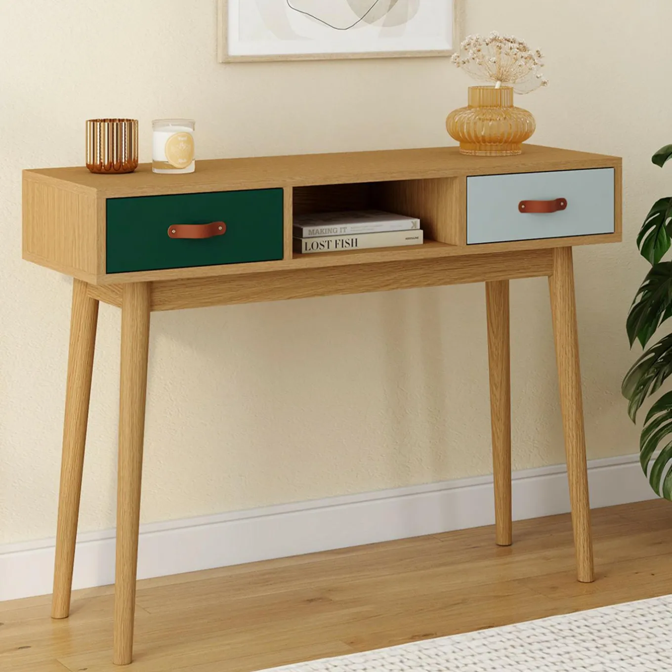 IDMarket Meuble console scandinave bois et vert 100 cm* Meubles Tiroirs|Collection Scandinave