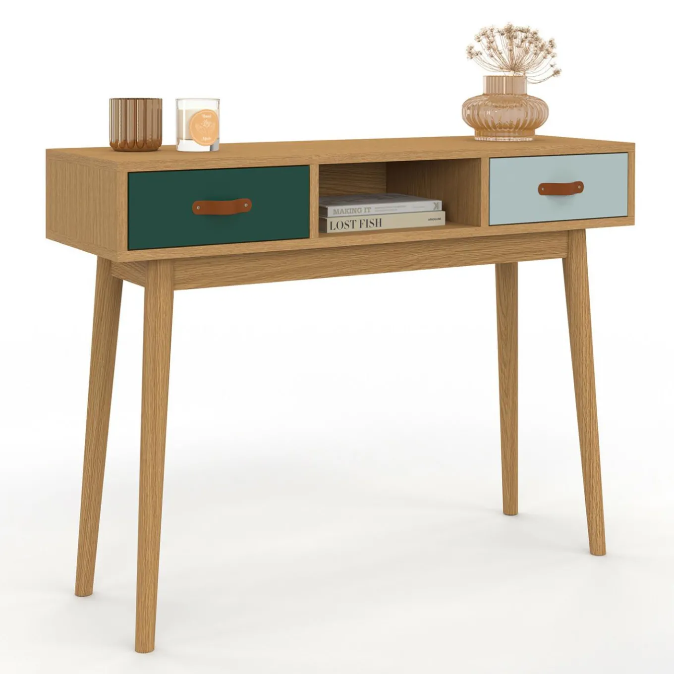 IDMarket Meuble console scandinave bois et vert 100 cm* Meubles Tiroirs|Collection Scandinave