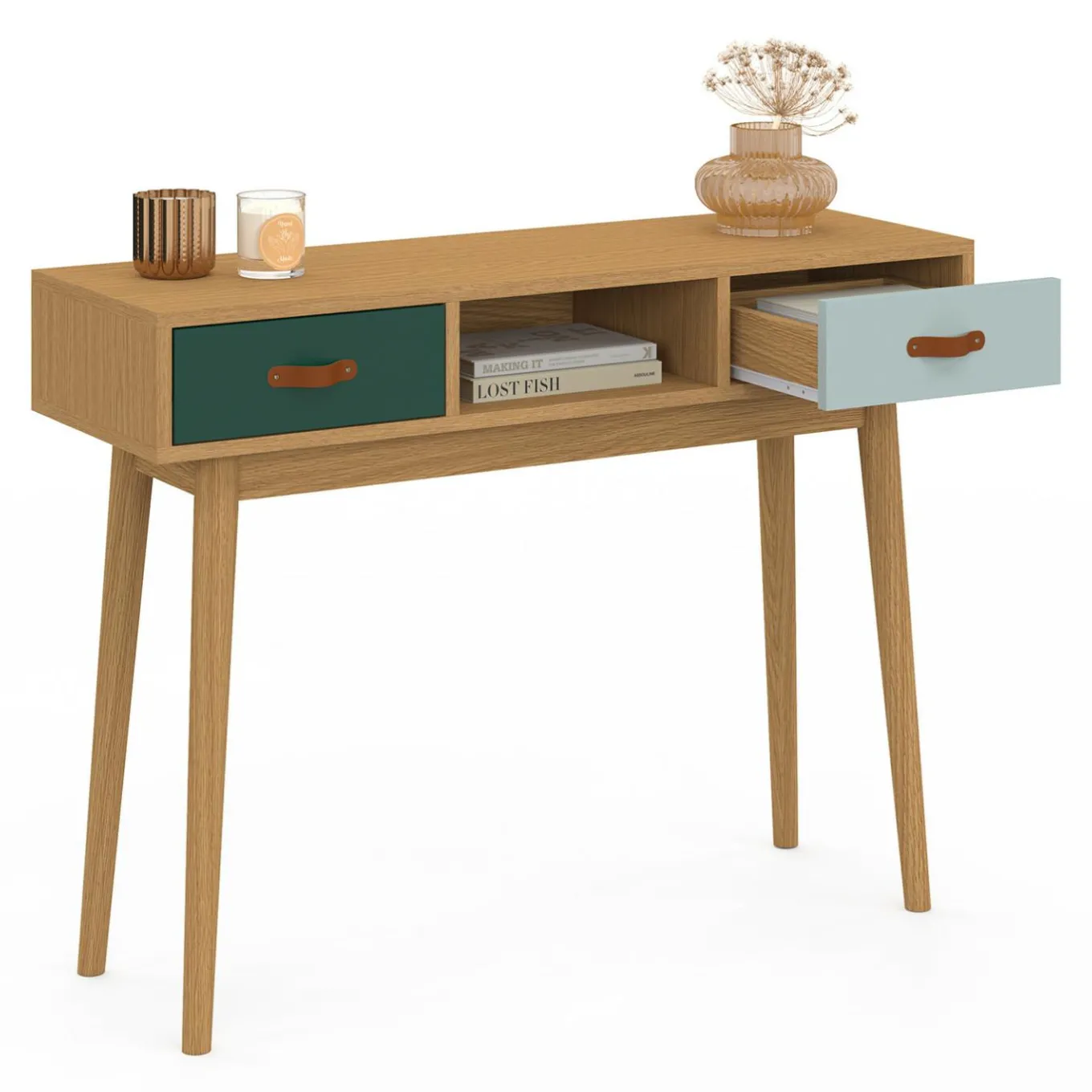 IDMarket Meuble console scandinave bois et vert 100 cm* Meubles Tiroirs|Collection Scandinave