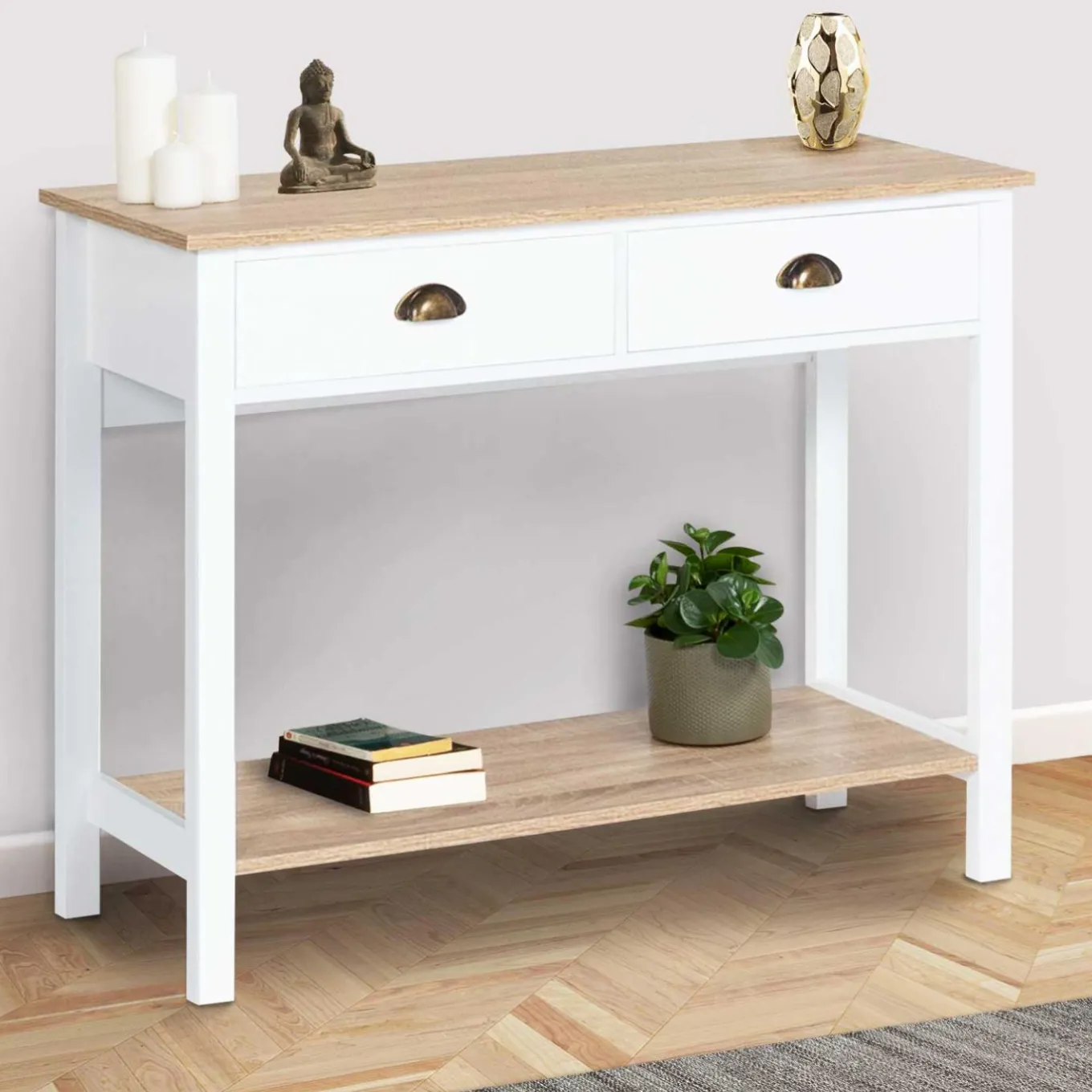 IDMarket Meuble console vintage bois et blanc 100 cm* Meubles Tiroirs|Meubles Blancs