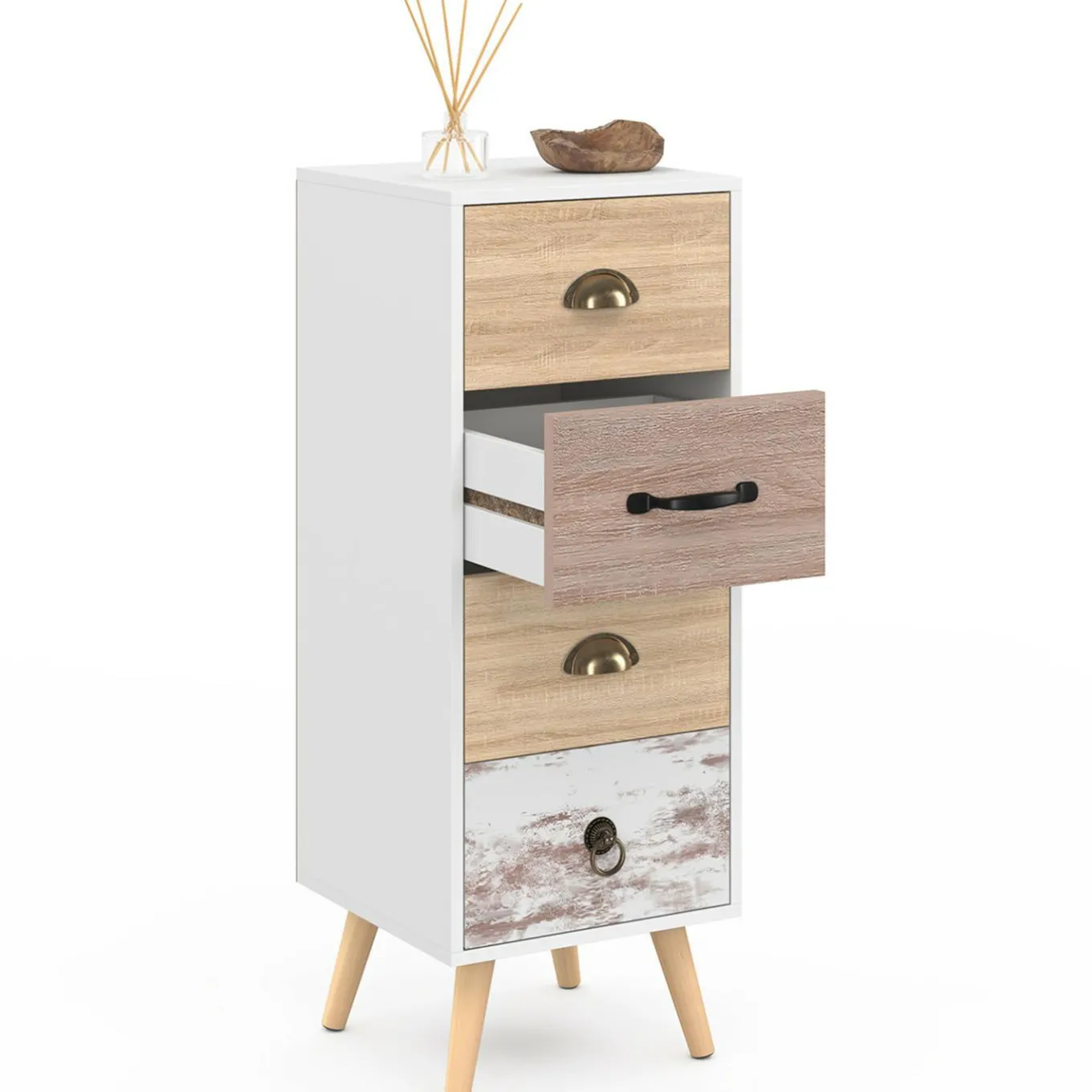 IDMarket Meuble d'appoint 4 tiroirs 30 cm chiffonnier scandinave* Meubles Tiroirs|Meubles Blancs