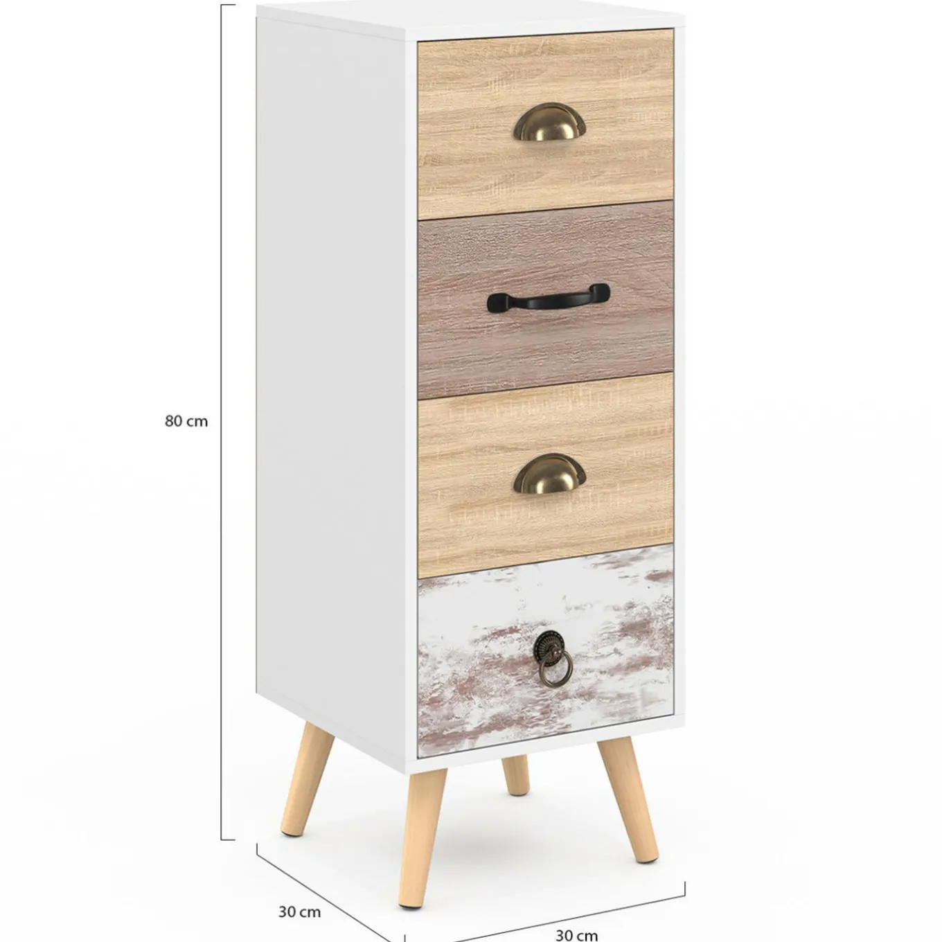 IDMarket Meuble d'appoint 4 tiroirs 30 cm chiffonnier scandinave* Meubles Tiroirs|Meubles Blancs