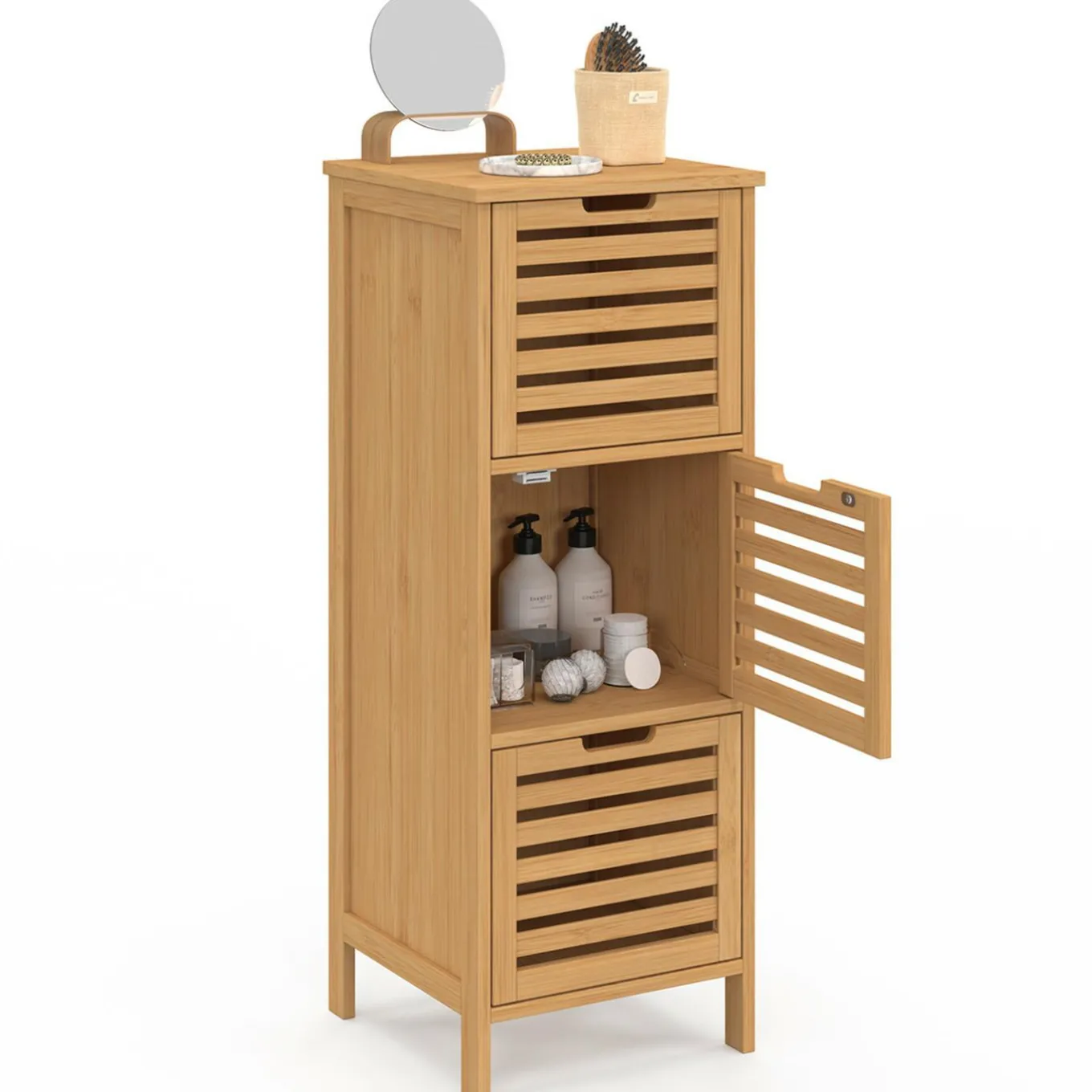 IDMarket Meuble d'appoint salle de bain bambou BEA 3 portes 30 x 30 x 80 cm* Meubles En Bois|Collection Bambou