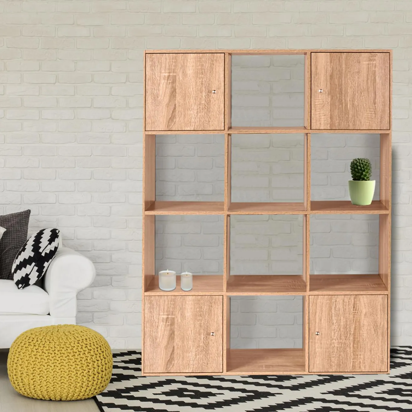IDMarket Meuble de rangement cube 12 cases imitation hêtre avec portes* Rangement Et Accessoires|Meubles En Bois