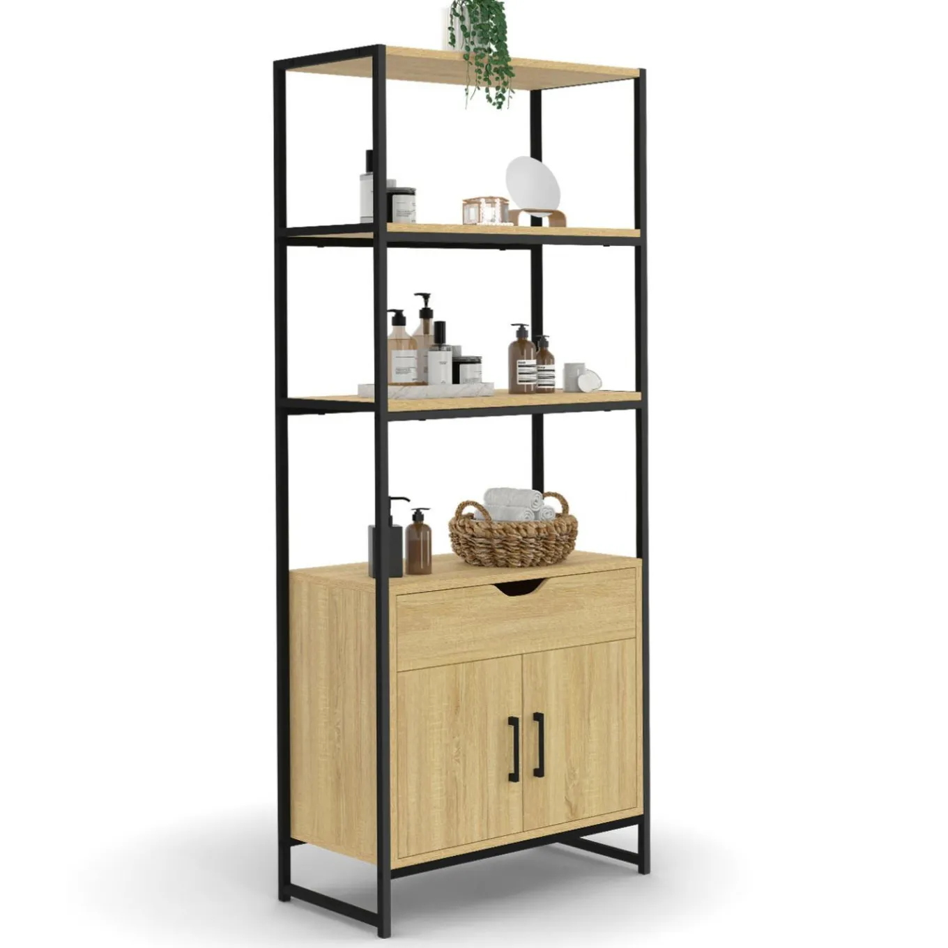 IDMarket Meuble de rangement design industriel salle de bain avec 3 étages 1 placard 1 tiroir* Meubles Salle De Bain|Collection Industrielle