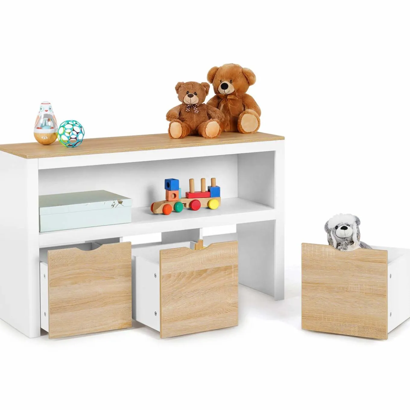 IDMarket Meuble de rangement pour enfant 3 tiroirs blanc et hêtre*Enfant Meubles Tiroirs|Meubles Blancs