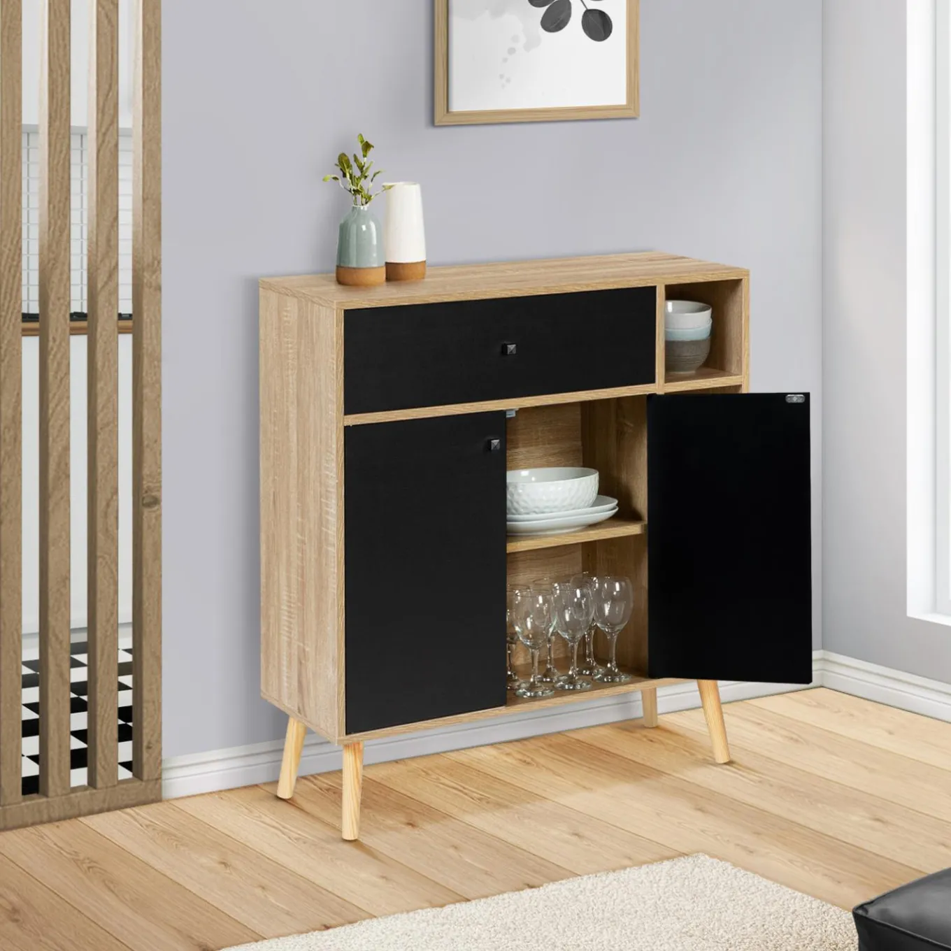 IDMarket Meuble de rangement scandinave noir et bois* Meubles Tiroirs|Meubles Bas