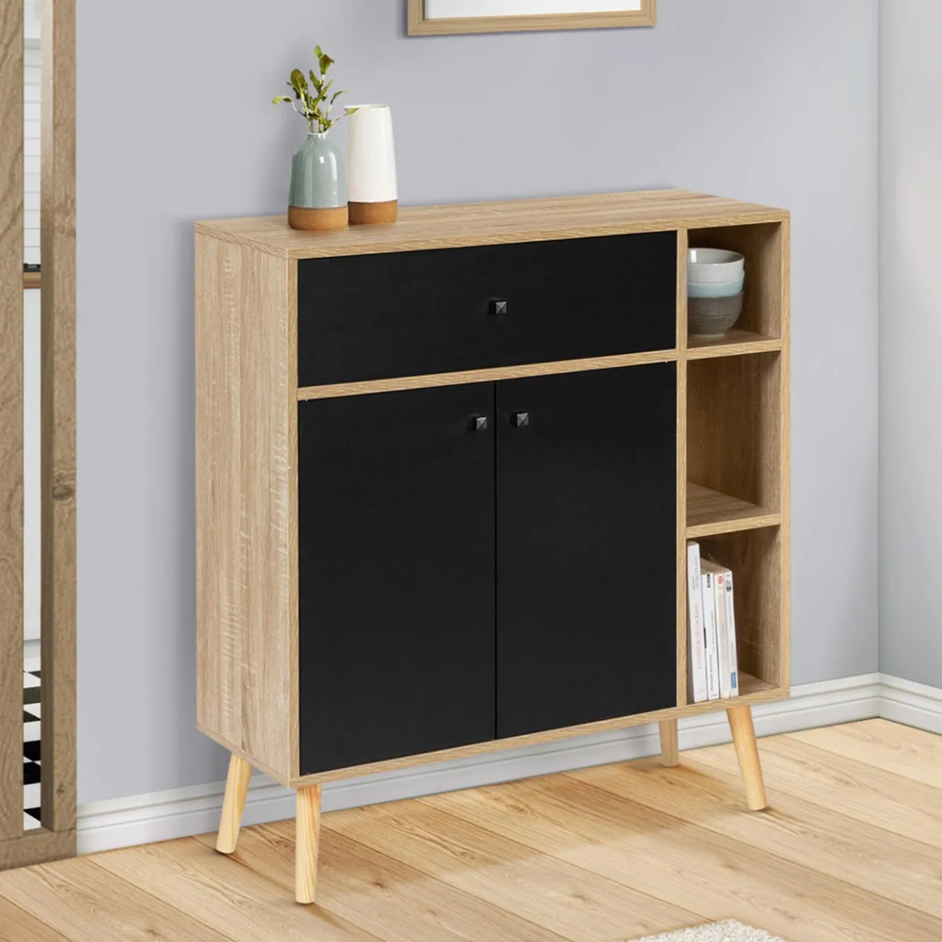 IDMarket Meuble de rangement scandinave noir et bois* Meubles Tiroirs|Meubles Bas