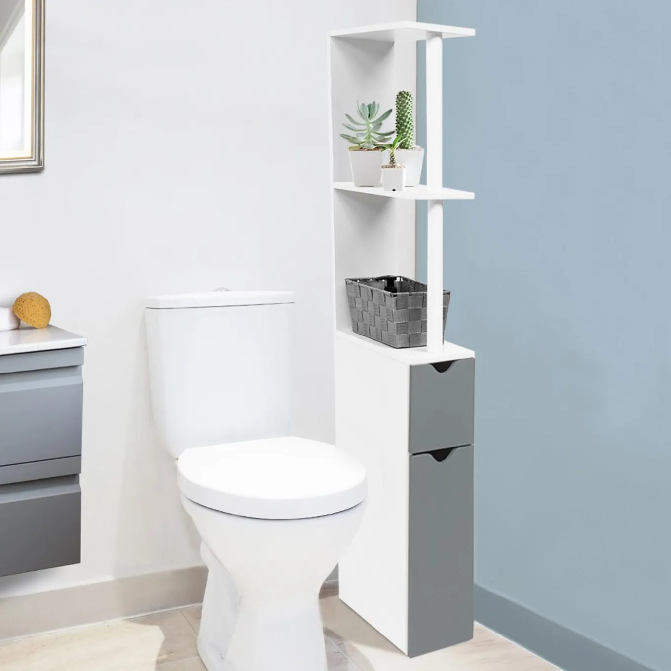 IDMarket Meuble de toilette blanc et gris avec étagères* Collection Contemporaine|Petits Meubles