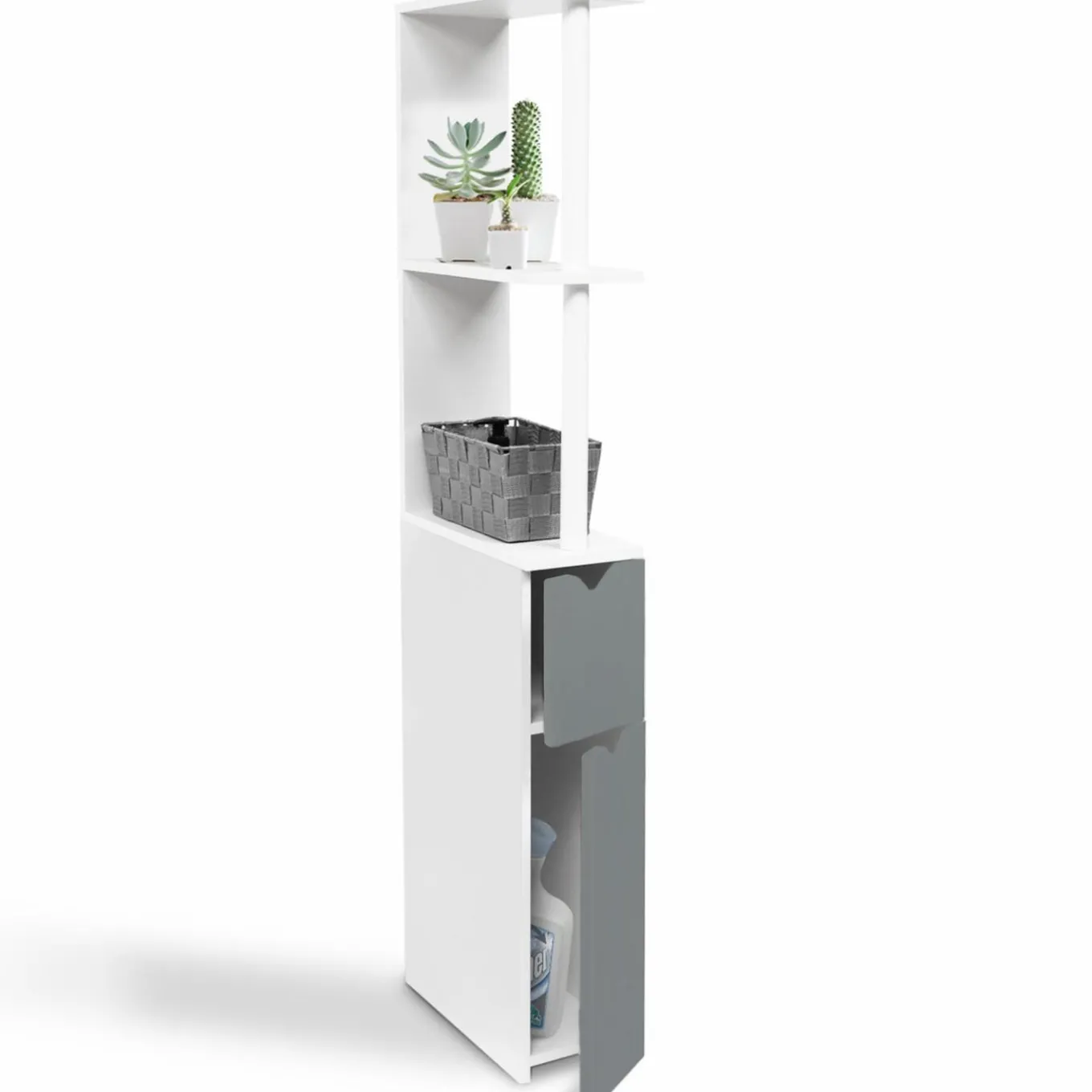 IDMarket Meuble de toilette blanc et gris avec étagères* Collection Contemporaine|Petits Meubles